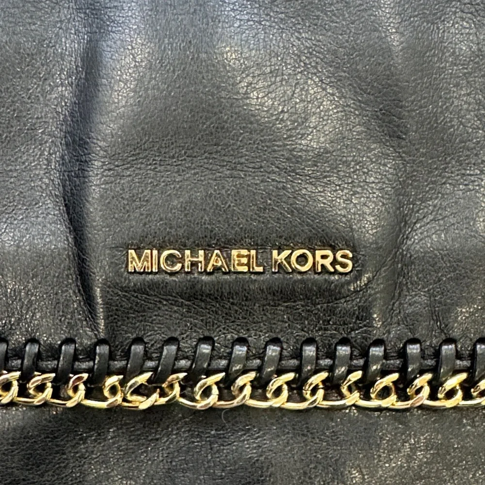 Michael Kors Black Leather Shoulder Bag with Gold Chain and Gold Accents